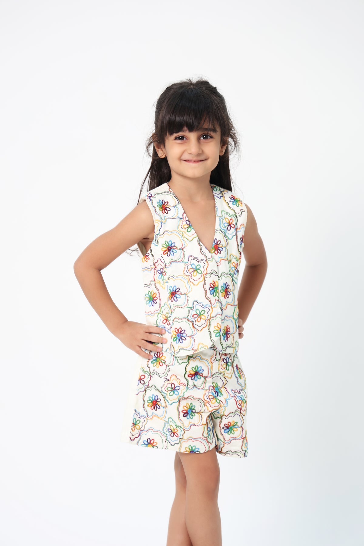 ZIP ZAP ZOOP White Embroidered Cotton Sleeveless Jacket Top & Shorts Girls Co-ord Set