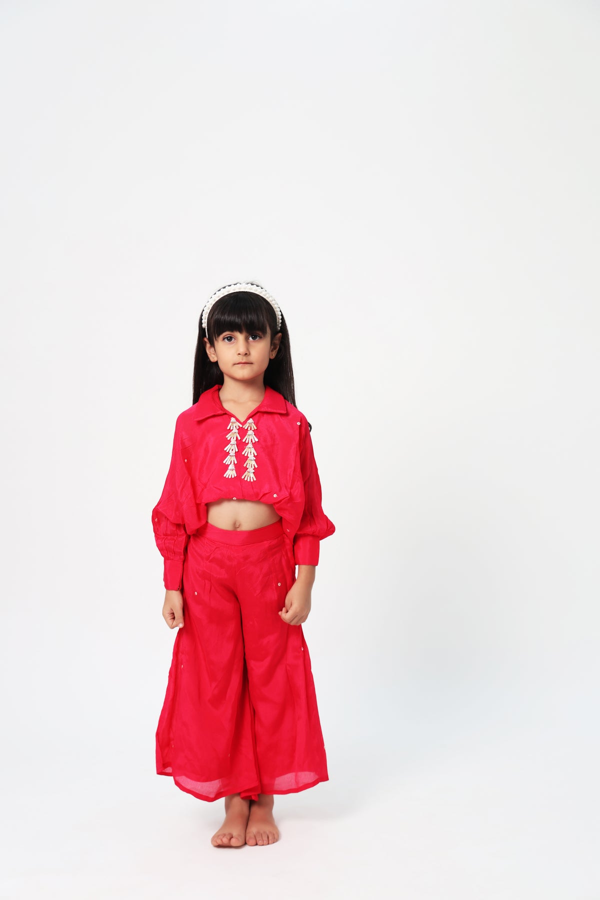 ZIP ZAP ZOOP Neon Pink Premium Georgette Embellished Crop Top & Trouser Girls Co-ord Set