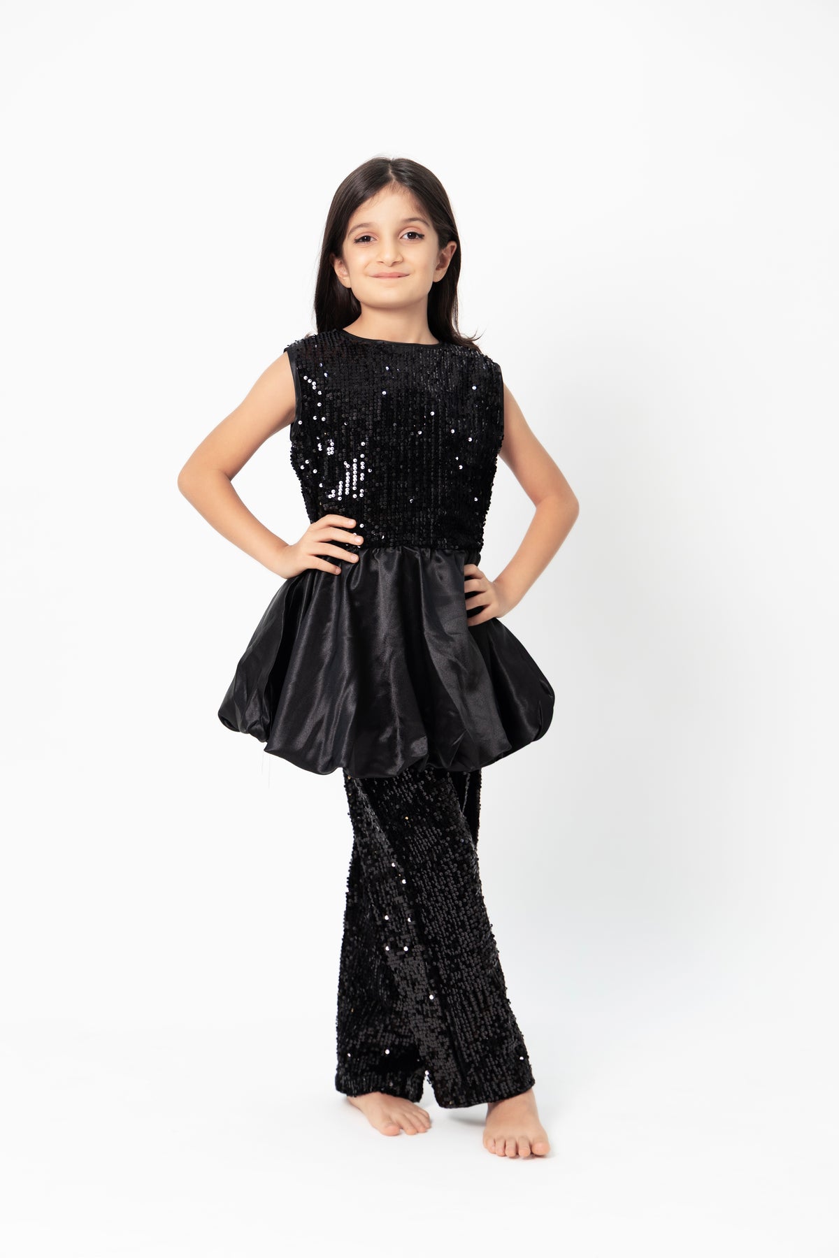 ZIP ZAP ZOOP Black Sequinned Satin Long Sleeveless Top & Trouser Girls Co-ord Set