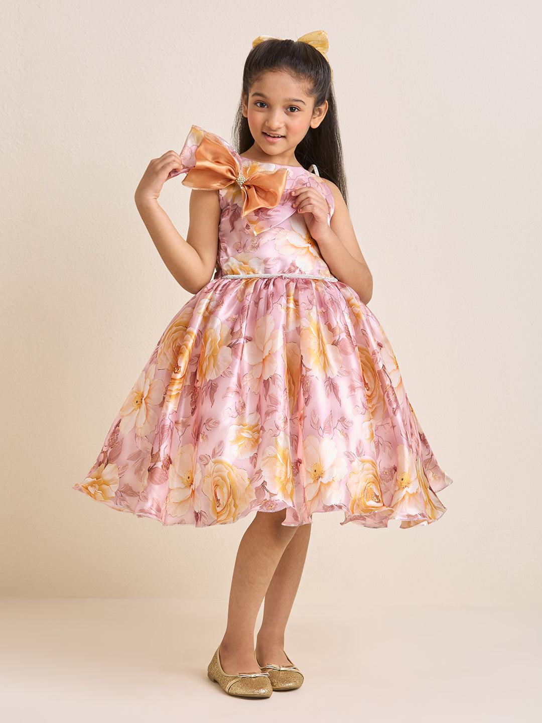 Girls Pink Peach Floral Organza Party Dress with Big Bow & Flare