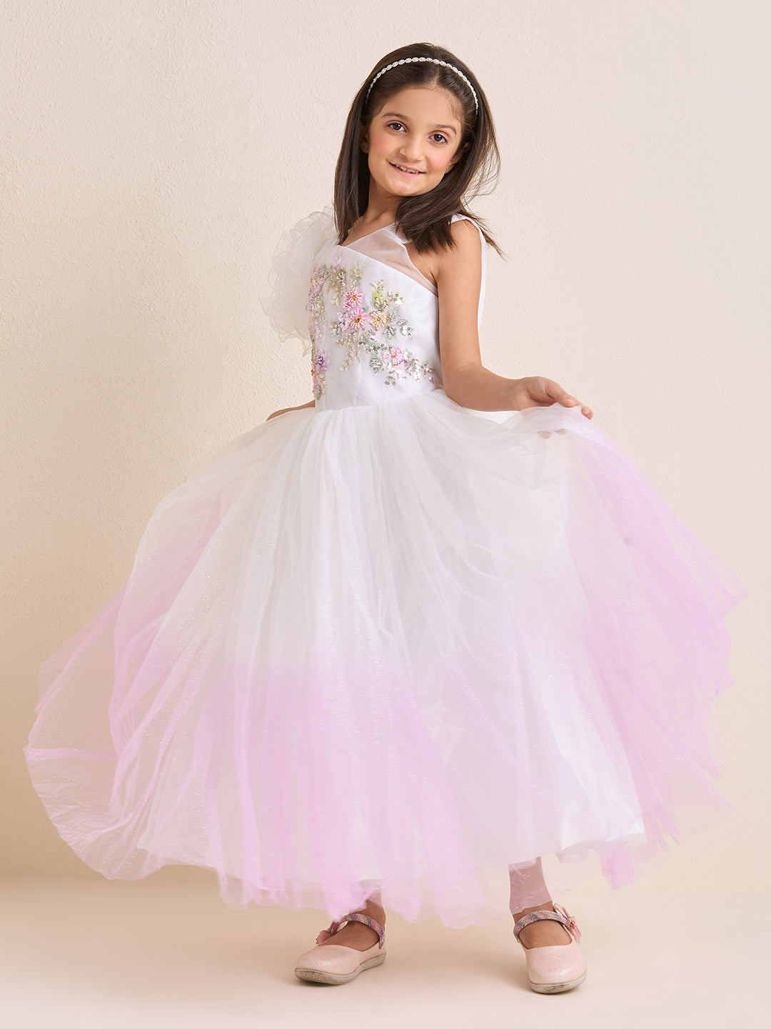 Girls White Pink Party Dress Puffed One Shoulder Shaded Princess Gown with Hand Embroidery
