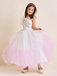Girls White Pink Party Dress Puffed One Shoulder Shaded Princess Gown with Hand Embroidery