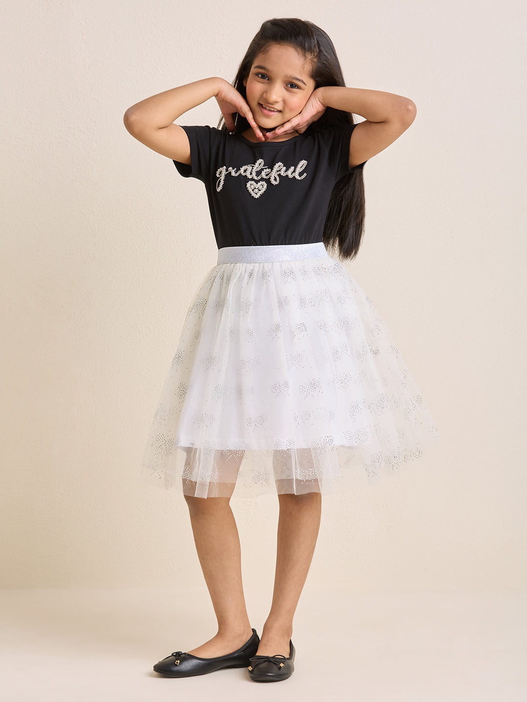 ZIP ZAP ZOOP Girls Dress Black & White "Grateful" Pearl Embroidery Half Sleeve Dress