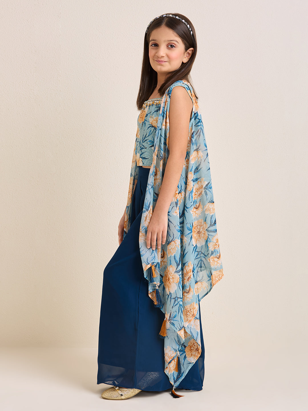 Girls Floral Blue Ethnic Pallazo Pants & Crop Top Set with Cape Kaftan Jacket (3pc Set)
