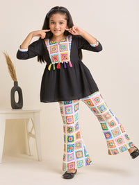 Girls Black Printed Kurta with Floral Printed White Pants Set (2pc Set)