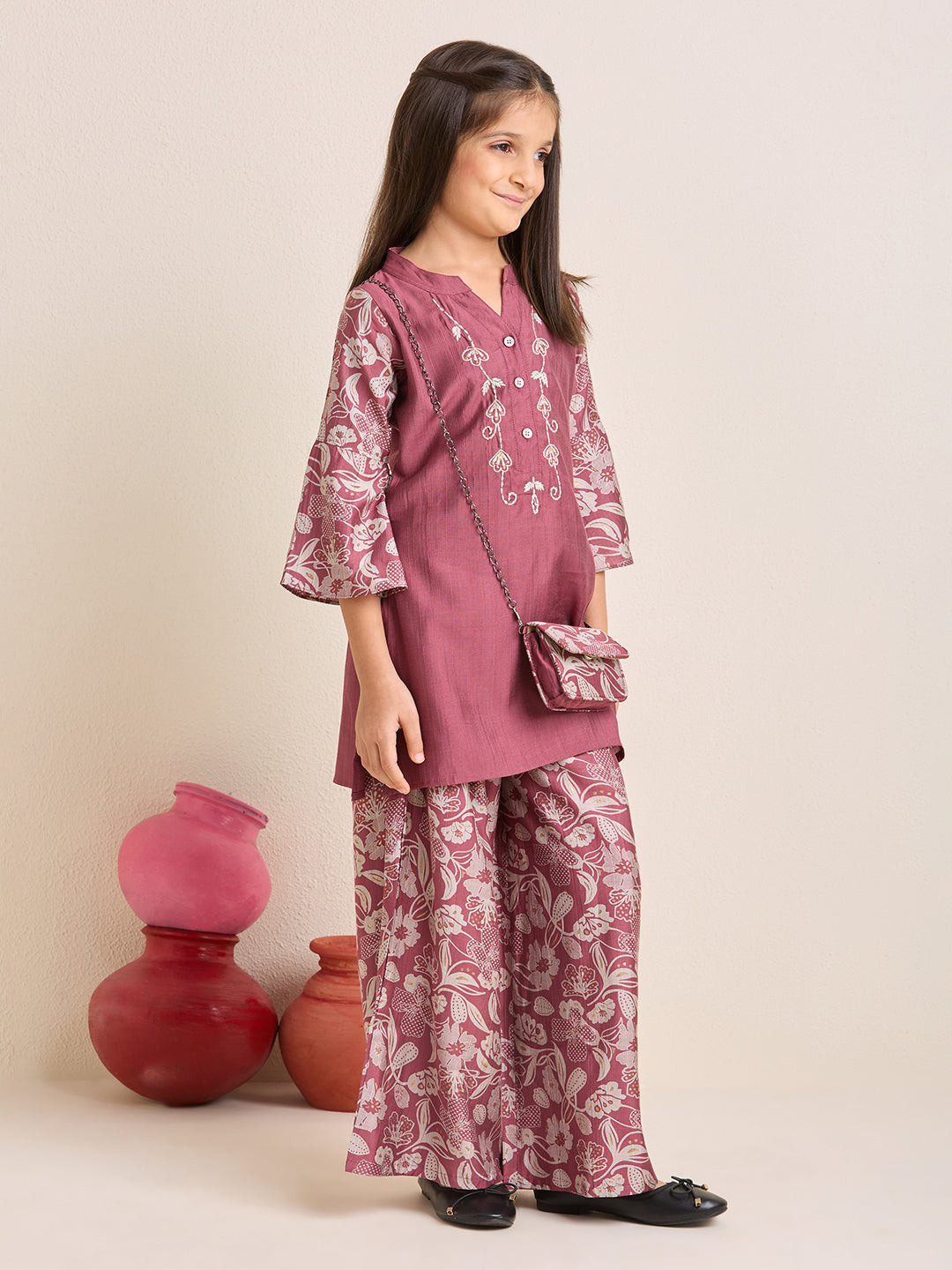 Girls Purple  Mauve Ethnic Kurta & Palazzo Set with Embroidery and Matching Purse