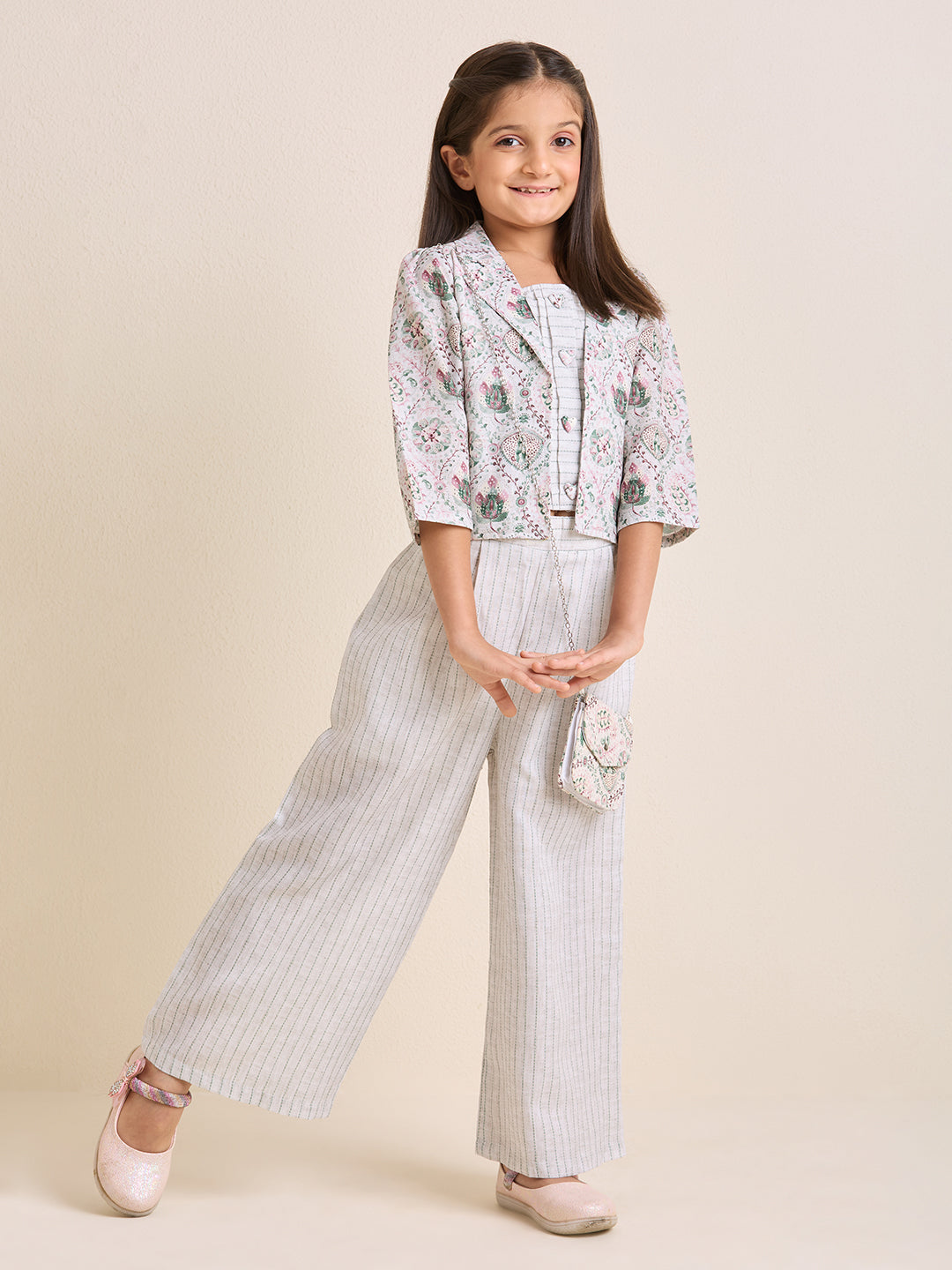 Girls Off White Floral Jacket with Crop & Pants Set Ethnic with Matching Purse (4pc Set)