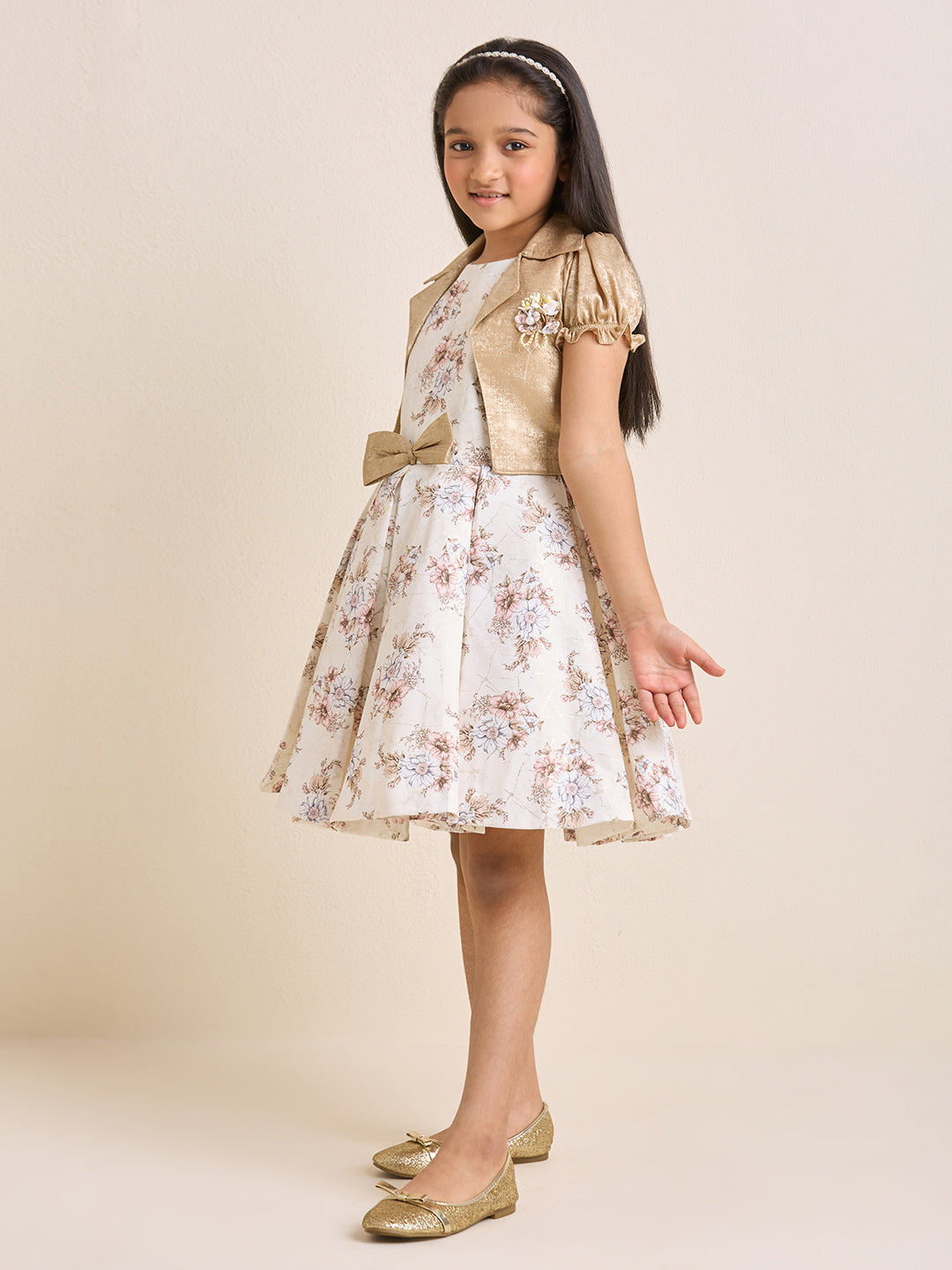 Girls Off White & Cream Floral Fit & Flare Dress with Gold Shrug & Bow Detail | Party & Occasion Wear |