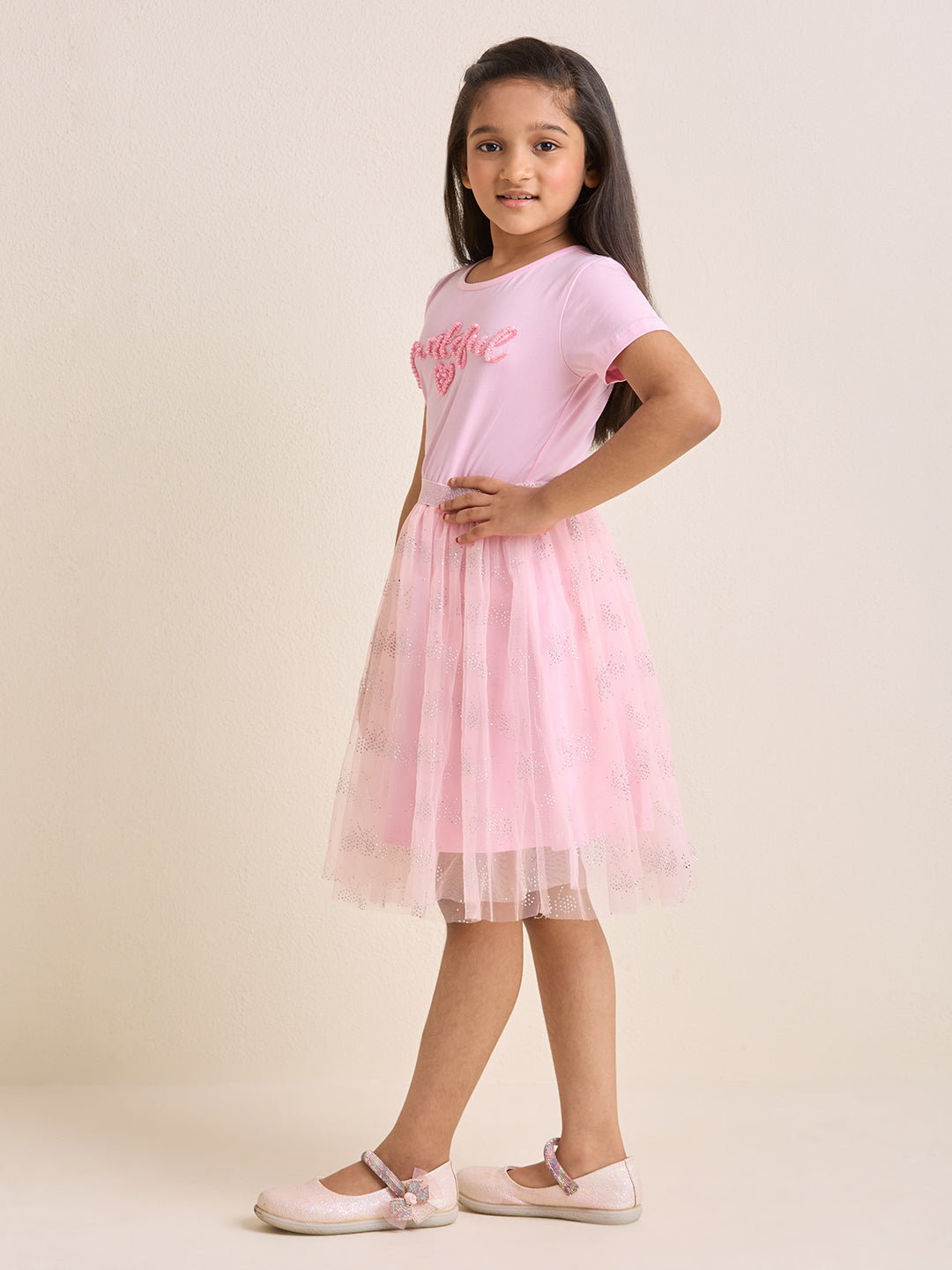 ZIP ZAP ZOOP Girls Dress Pink "Grateful" Pearl Embroidery Half Sleeve Dress