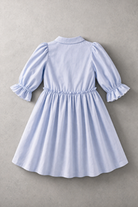 Girls Blue Frill Dress – Long Sleeve Cotton Dress with Ruffle Detail