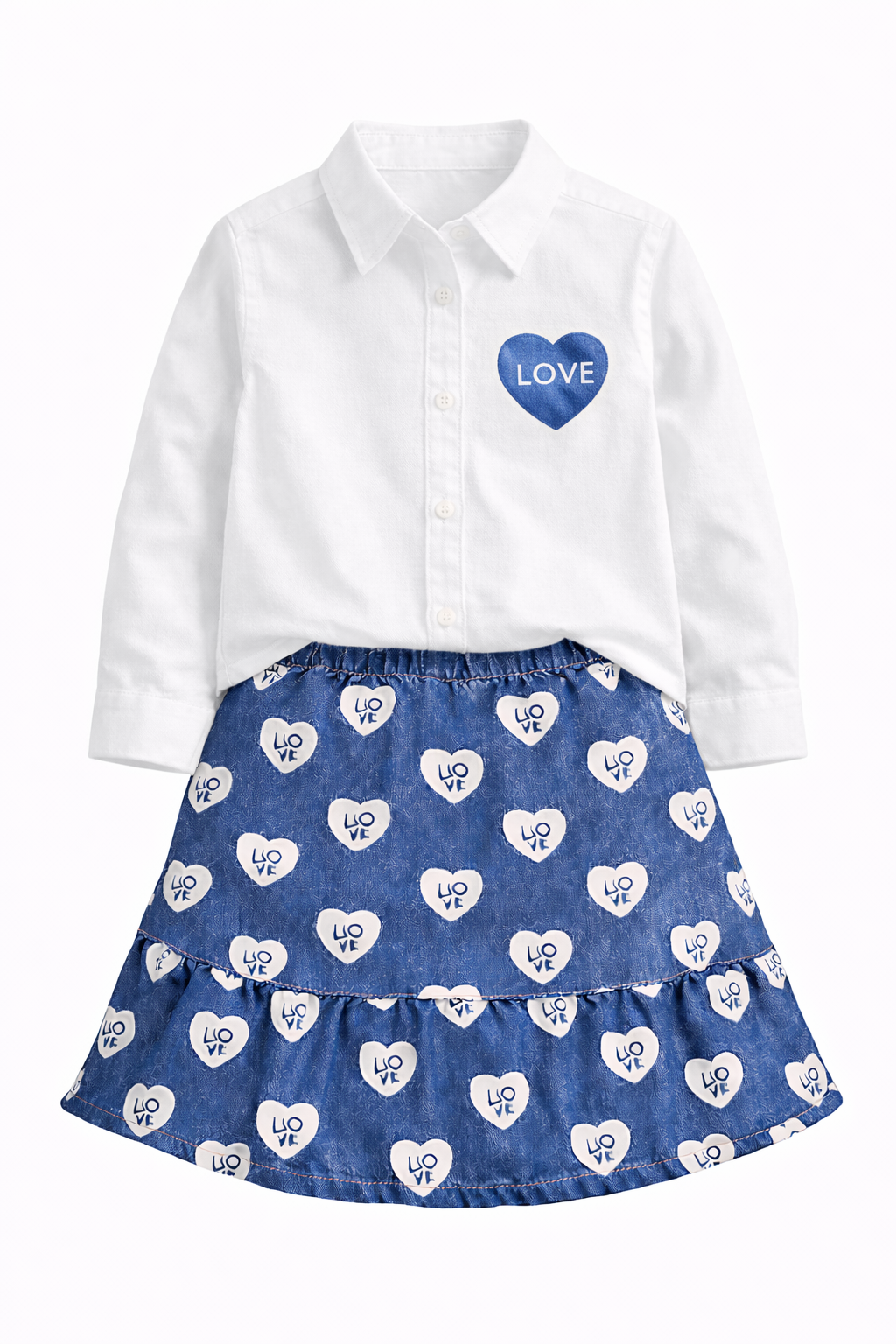 PREMIUN WHITE GIRLS SHIRT WITH  DENIM SKIRT WITH HEART & LOVE PRINT CO-ORD SET