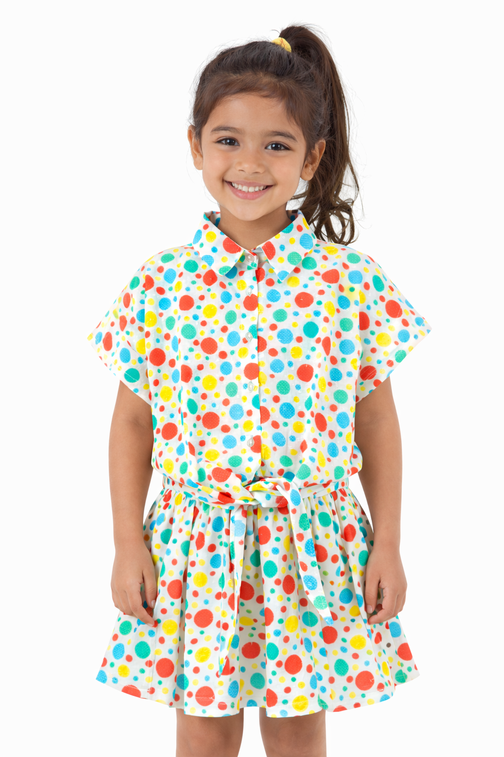 GIRLS BIG COLOURFUL DOT PRINTED TIE TOP & SKIRT CO-ORD SET