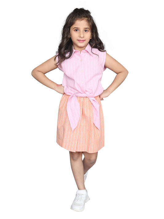 Girls Pink Sleeveless Line Tops and Orange Skirt Co-ord Set