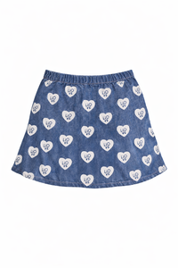 WHITE T-SHIRT WITH HEART PRINT PAIRED WITH DENIM HEART SKIRT CO-ORD SET