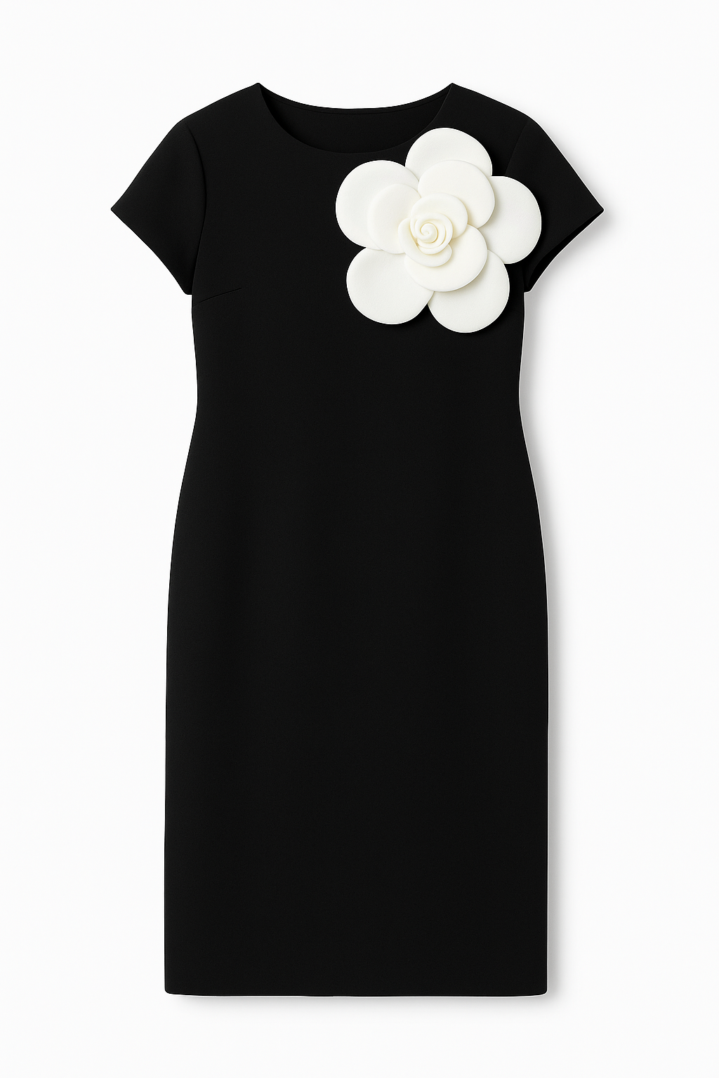 Girls Black Elegant Midi Dress With Big White Accent Flower