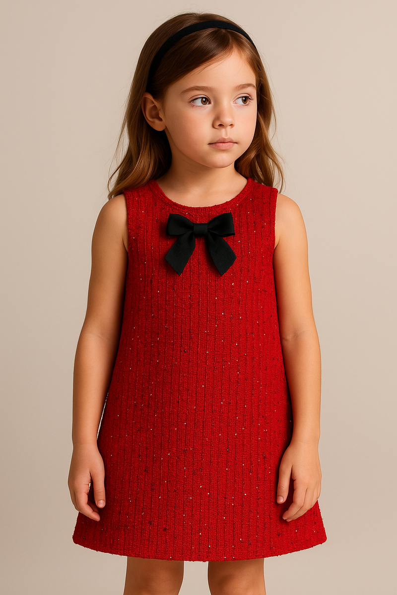 Girls Festive Red Tweed Sequin Dress with Black Bow Detail