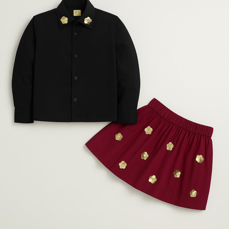 Sequin Flower Black Shirt with Maroon Sequin Flared Skirt