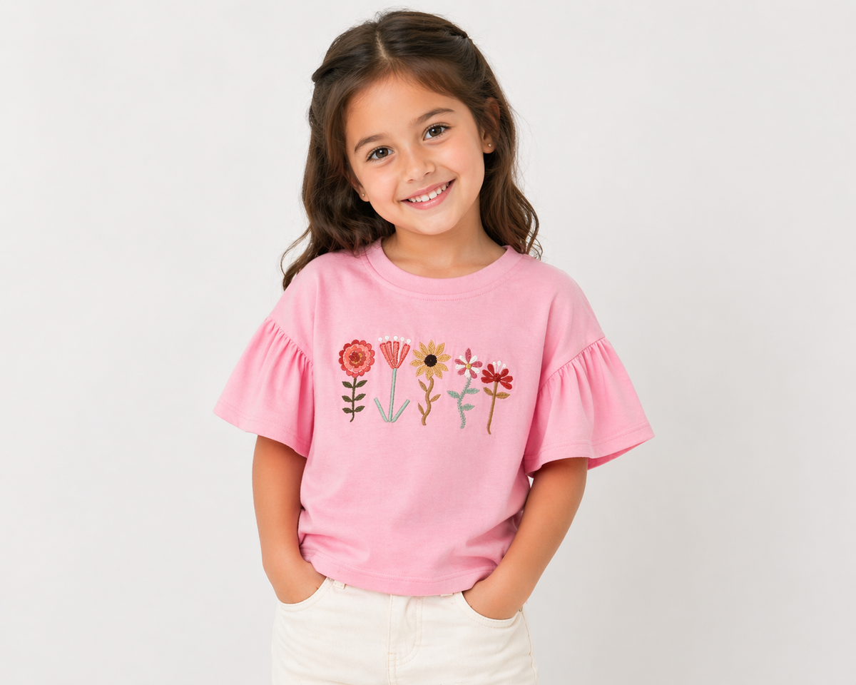 GIRLS PINK T-SHIRT WITH HAND EMBROIDERY FLOWERS WITH FLUTTER TEE