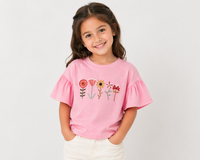 GIRLS PINK T-SHIRT WITH HAND EMBROIDERY FLOWERS WITH FLUTTER TEE