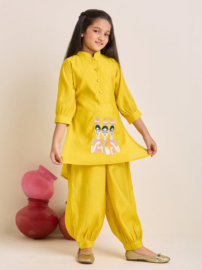 Girls Yellow Kurta Set with Balloon Salwar Pants & Girls Matki Motif Embroidery (2pc Set)
