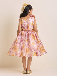 Girls Pink Peach Floral Organza Party Dress with Big Bow & Flare