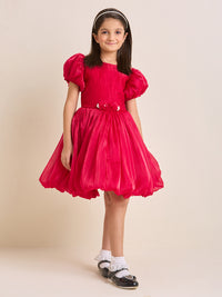 Girls Red Puff-Sleeve Flare Dress with Floral Waist Detail | Party & Occasion Wear