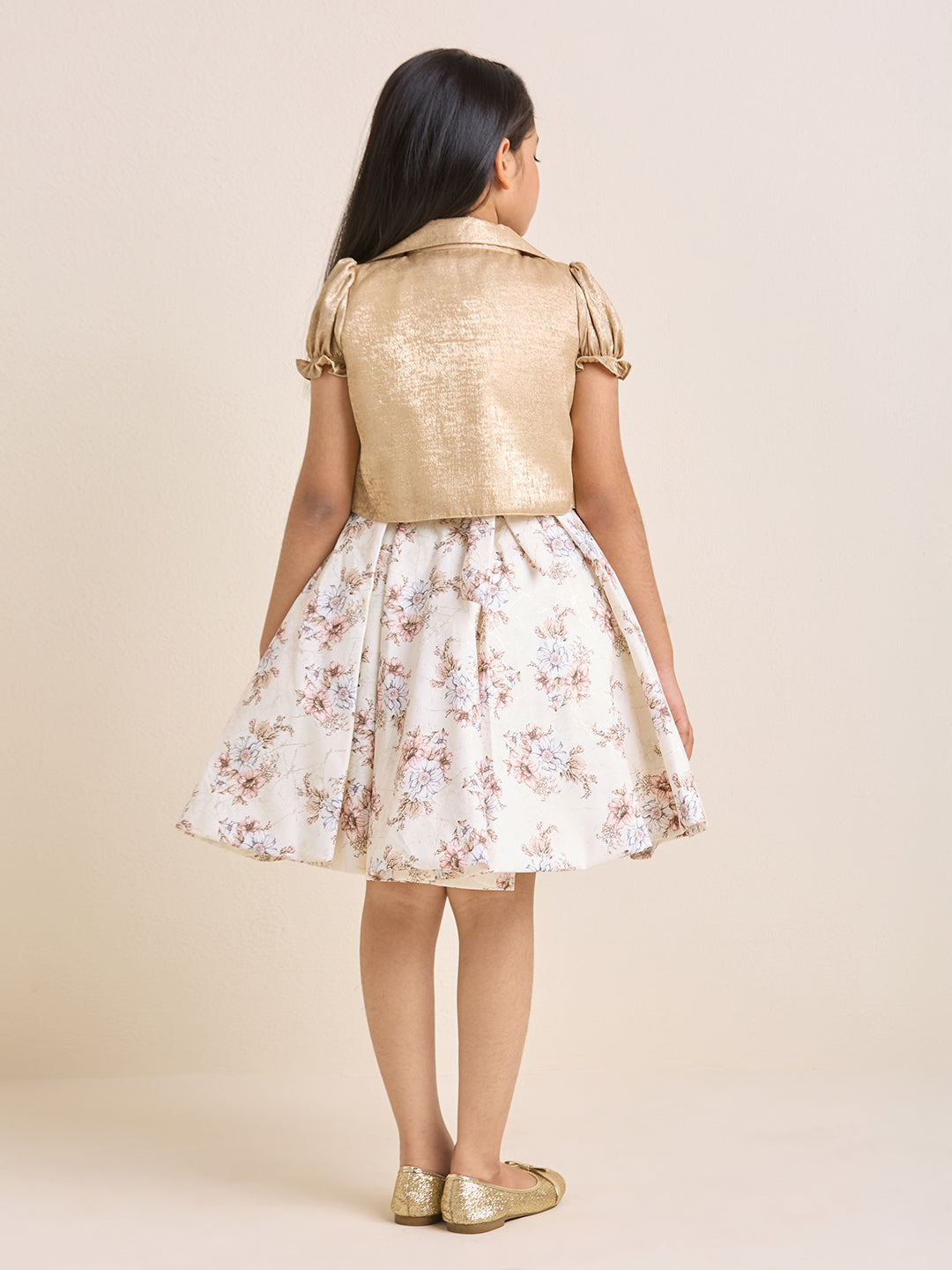 Girls Off White & Cream Floral Fit & Flare Dress with Gold Shrug & Bow Detail | Party & Occasion Wear |