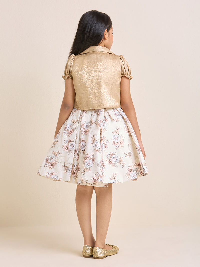 Girls Off White & Cream Floral Fit & Flare Dress with Gold Shrug & Bow Detail | Party & Occasion Wear |