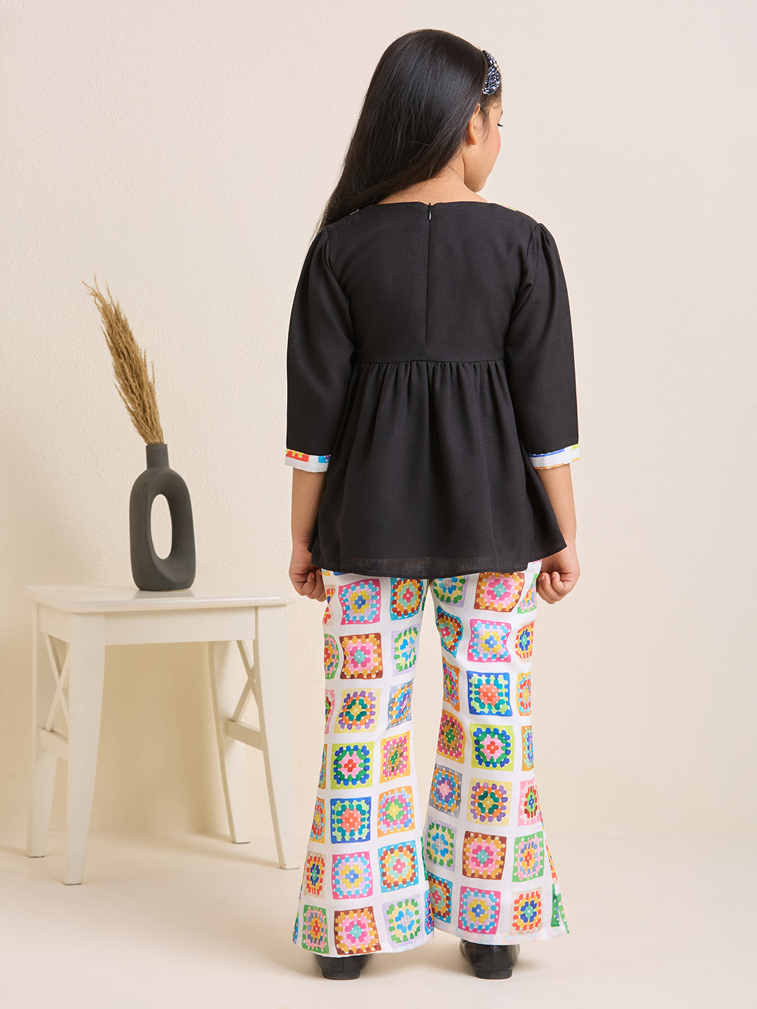 Girls Black Printed Kurta with Floral Printed White Pants Set (2pc Set)