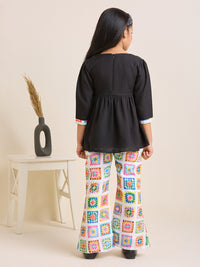 Girls Black Printed Kurta with Floral Printed White Pants Set (2pc Set)