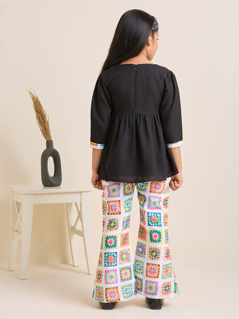 Girls Black Printed Kurta with Floral Printed White Pants Set (2pc Set)