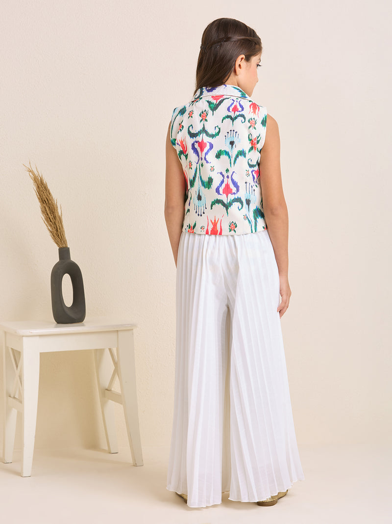 Girls White Floral Sleeveless Jacket with Crop Top & Pleated Pants Ethnic Wear Set (3pc Set)