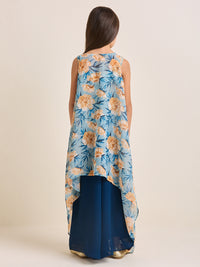 Girls Floral Blue Ethnic Pallazo Pants & Crop Top Set with Cape Kaftan Jacket (3pc Set)