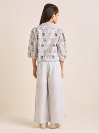 Girls Off White Floral Jacket with Crop & Pants Set Ethnic with Matching Purse (4pc Set)