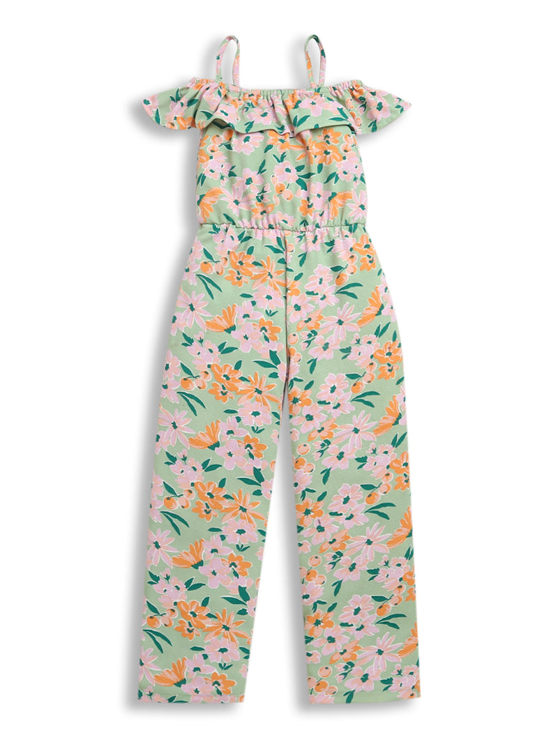 Light Green Off Shoulder Flower Printed Soft Cotton Jumpsuit