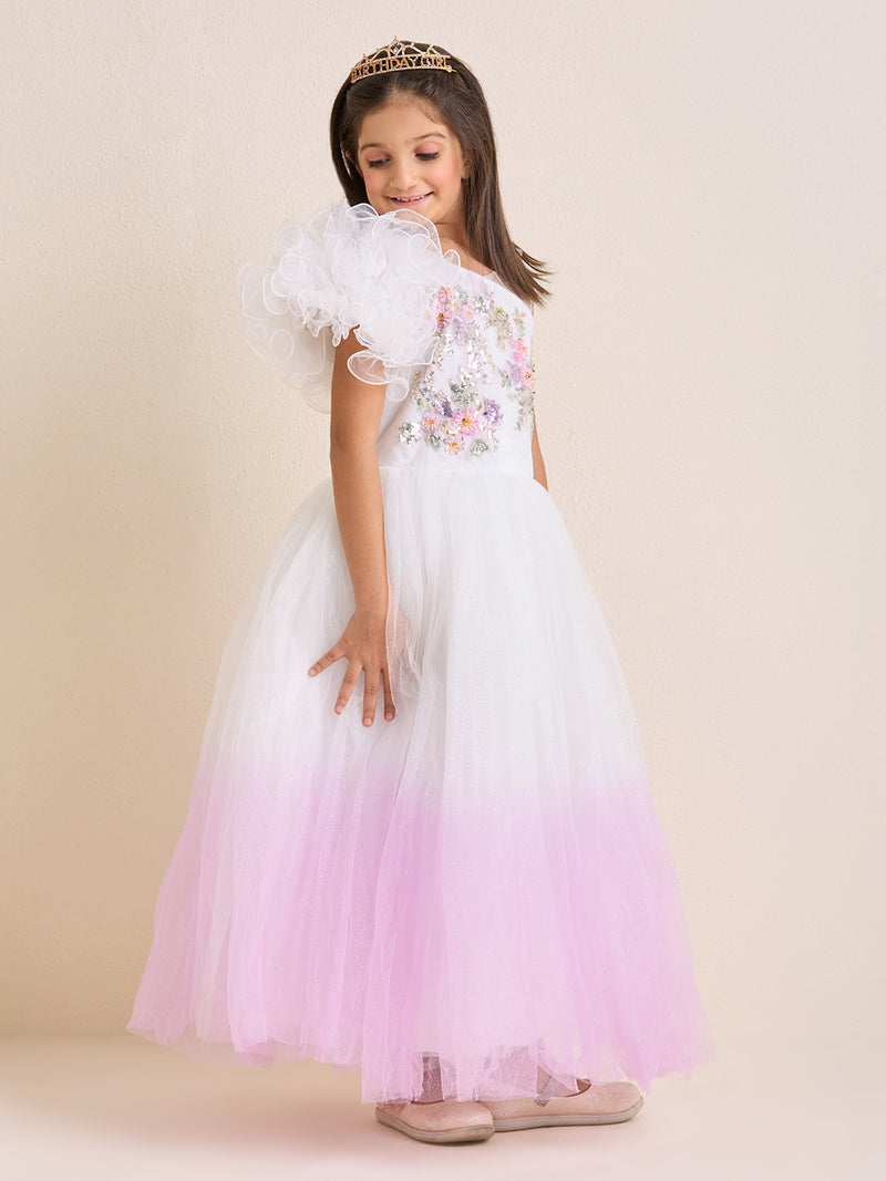 Girls White Pink Party Dress Puffed One Shoulder Shaded Princess Gown with Hand Embroidery