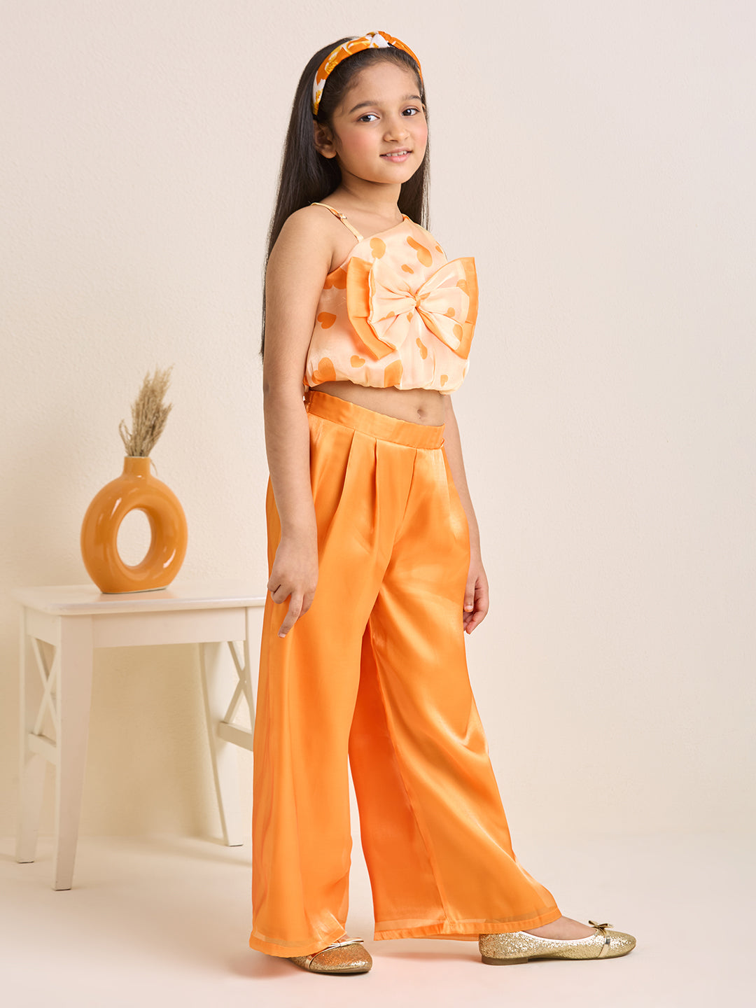 Girls Orange One Shoulder Crop Top & Pants Set with Big Bow Heart Print (2pc Set)