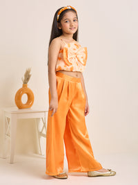 Girls Orange One Shoulder Crop Top & Pants Set with Big Bow Heart Print (2pc Set)