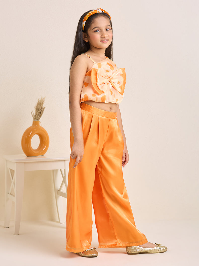 Girls Orange One Shoulder Crop Top & Pants Set with Big Bow Heart Print (2pc Set)