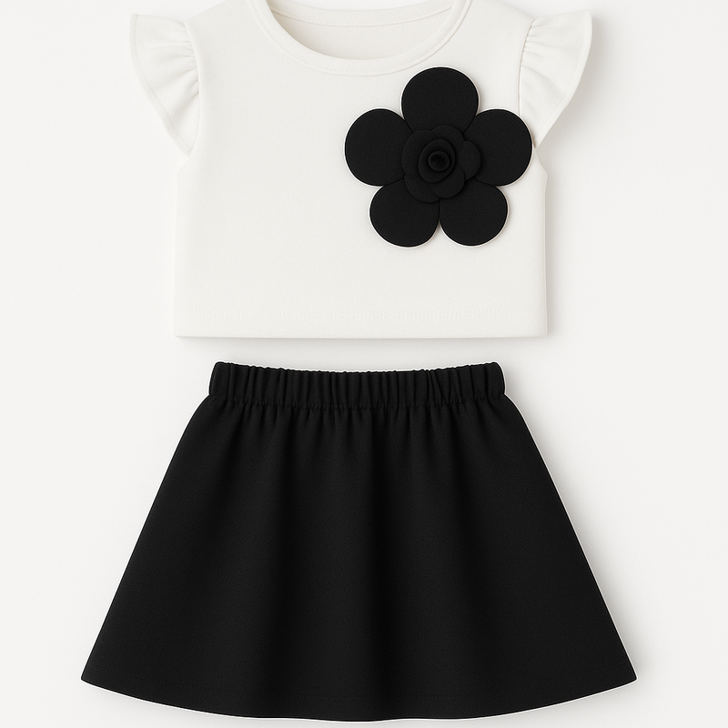 Girls  Elegant Big Flower Top & Skirt Co-Ord Set