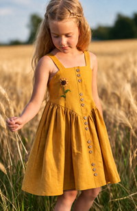 Sunshine Bloom Mustard Dress – Cute Embroidered Flower Dress for Girls