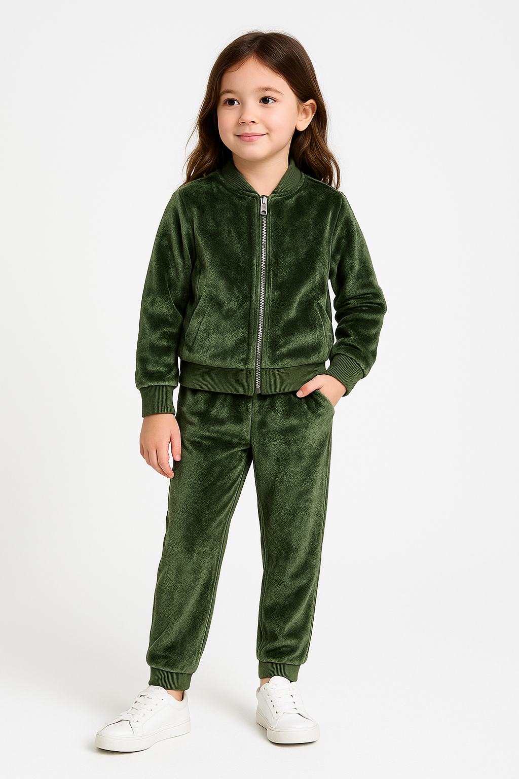 Girls Velvet Green Jacket and Pant with Ribbed Borders