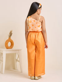 Girls Orange One Shoulder Crop Top & Pants Set with Big Bow Heart Print (2pc Set)