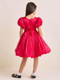 Girls Red Puff-Sleeve Flare Dress with Floral Waist Detail | Party & Occasion Wear