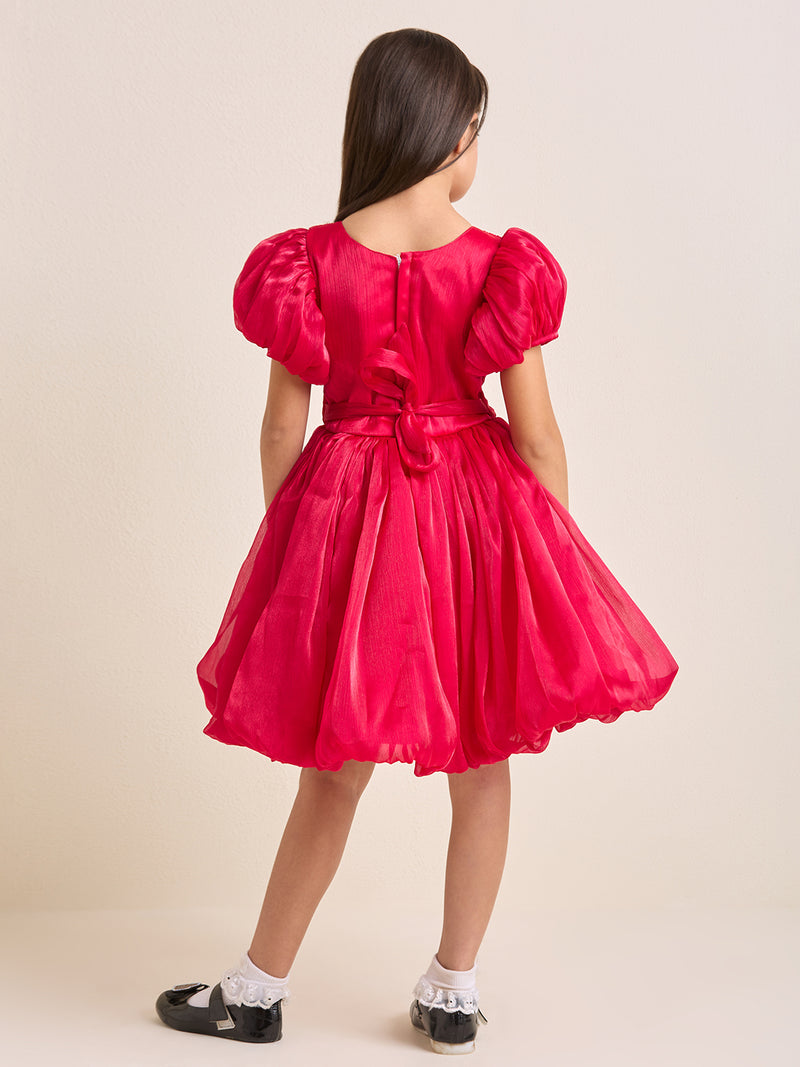 Girls Red Puff-Sleeve Flare Dress with Floral Waist Detail | Party & Occasion Wear