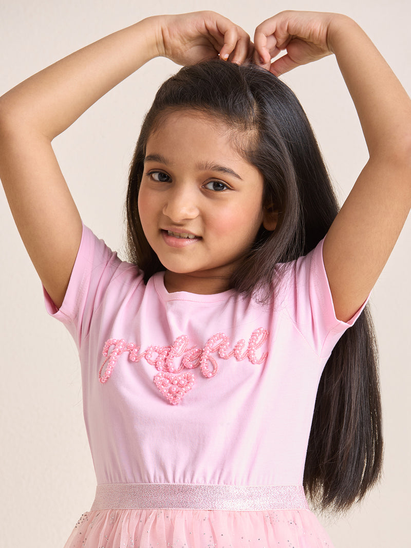ZIP ZAP ZOOP Girls Dress Pink "Grateful" Pearl Embroidery Half Sleeve Dress