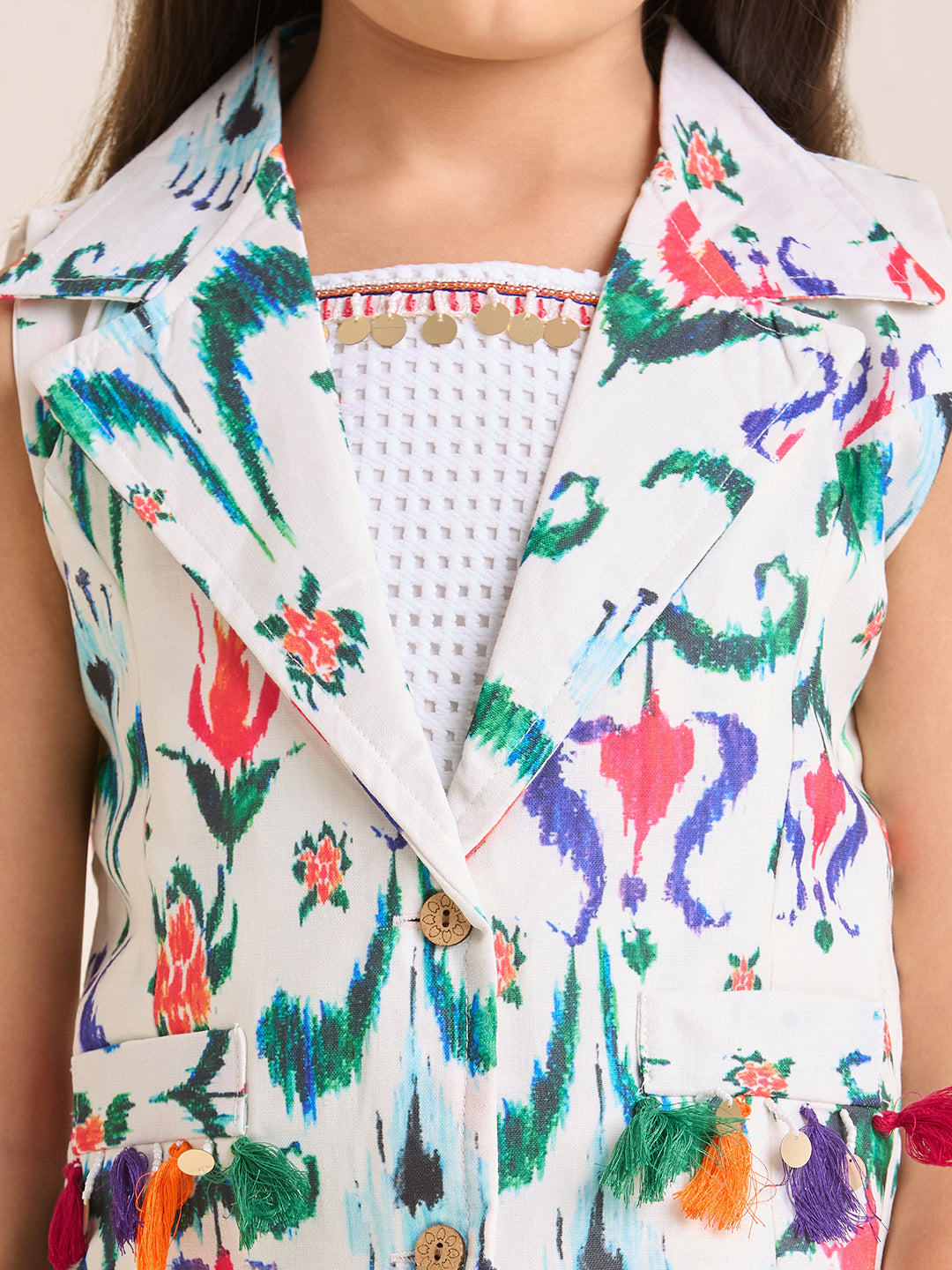Girls White Floral Sleeveless Jacket with Crop Top & Pleated Pants Ethnic Wear Set (3pc Set)