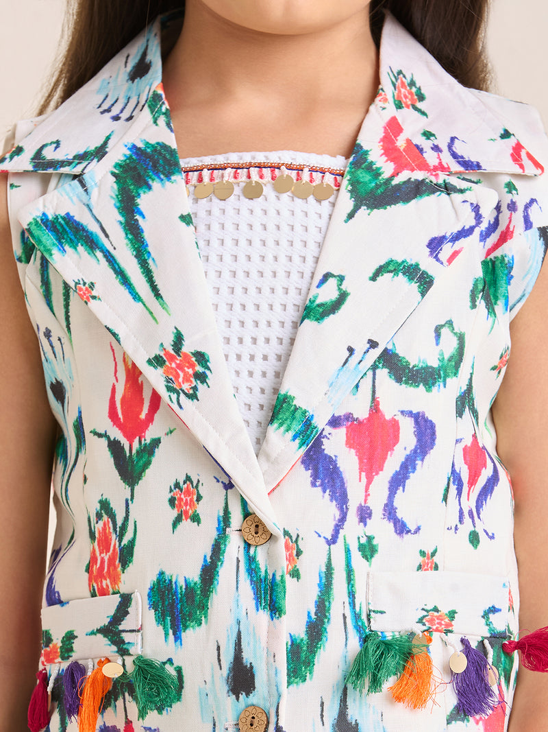 Girls White Floral Sleeveless Jacket with Crop Top & Pleated Pants Ethnic Wear Set (3pc Set)