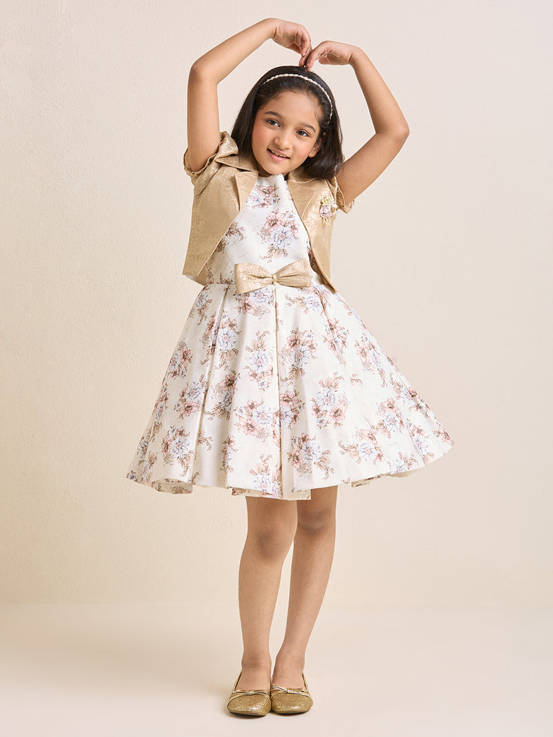 Girls Off White & Cream Floral Fit & Flare Dress with Gold Shrug & Bow Detail | Party & Occasion Wear |