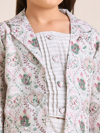 Girls Off White Floral Jacket with Crop & Pants Set Ethnic with Matching Purse (4pc Set)